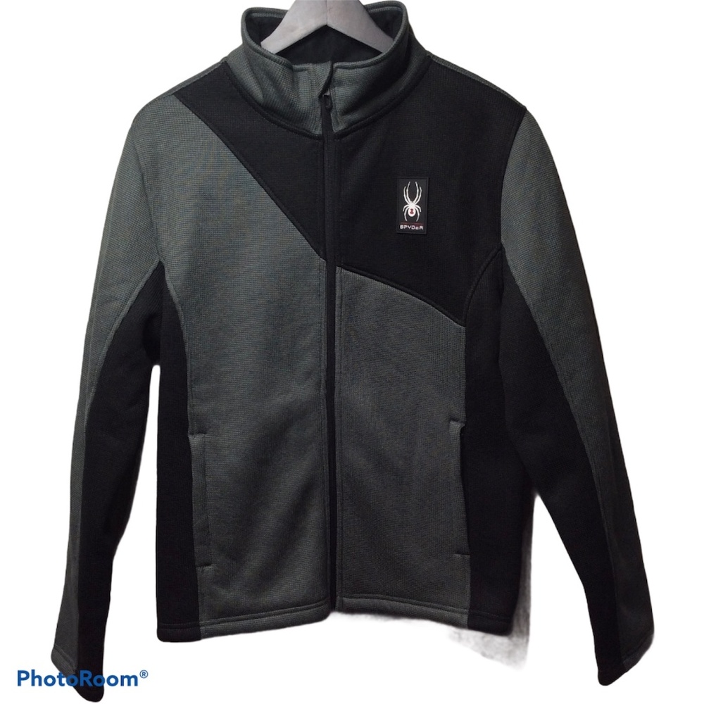 Spyder Mens S Polar Waffle Knit Gray Black Full Zip Lined Fleece Jacket